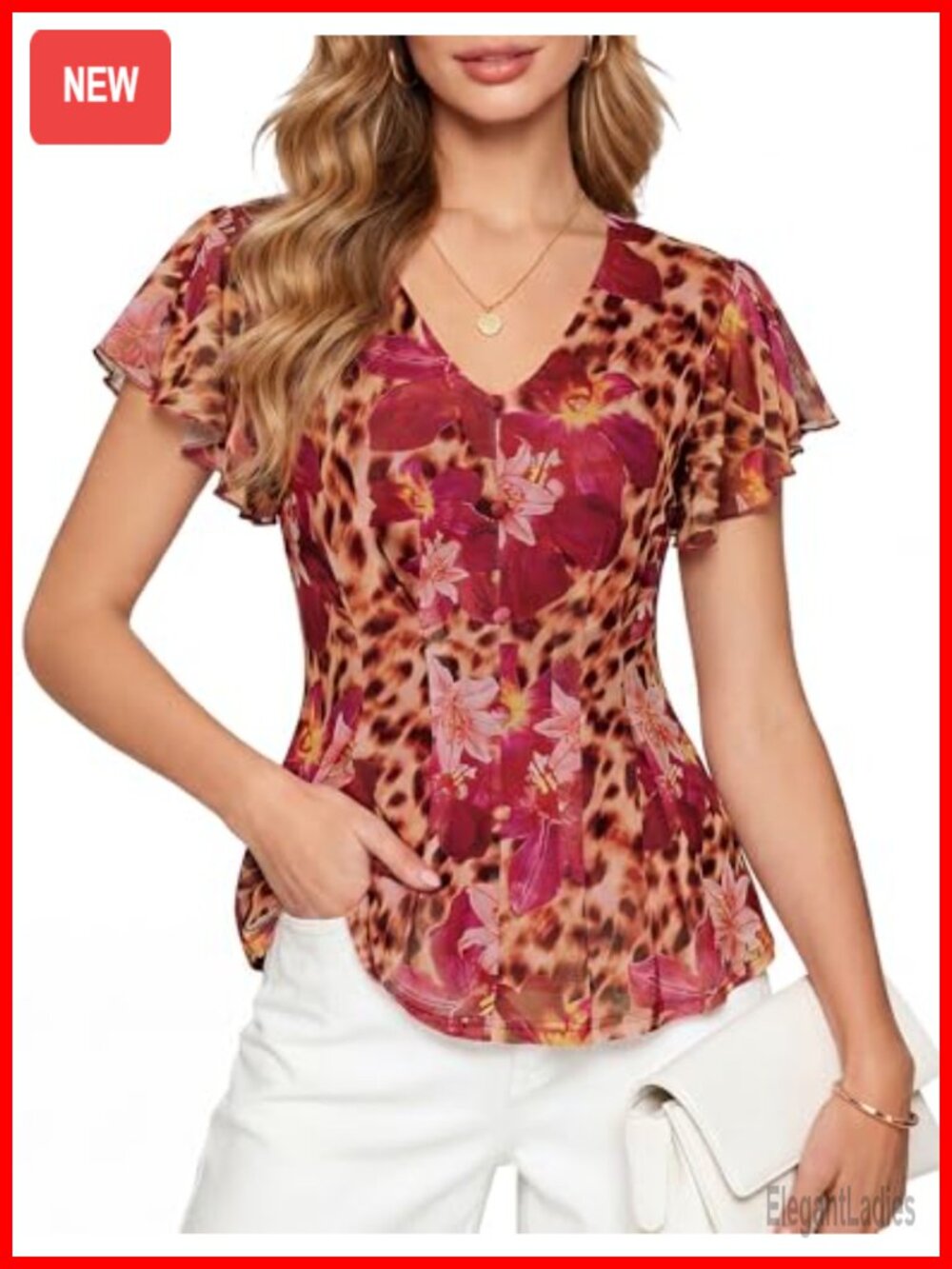 Women Peplum Blouse Floral Mesh V-Neck Flutter Sleeve Dressy Casual Top